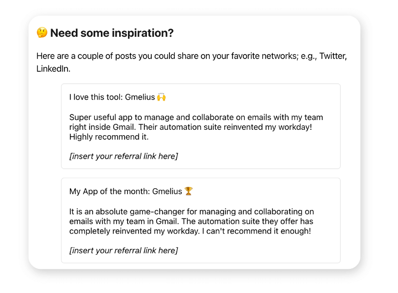 Gmelius resource card titled "Need some inspiration?" containing two ready-to-post product recommendations with a placeholder for the referral link