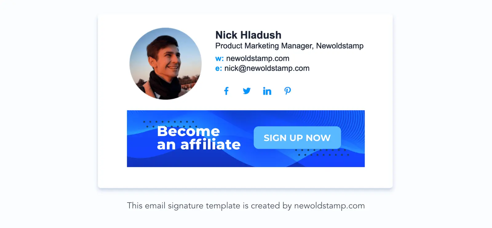 A Newoldstamp email signature with a banner promoting the company's affiliate program under the sender details.