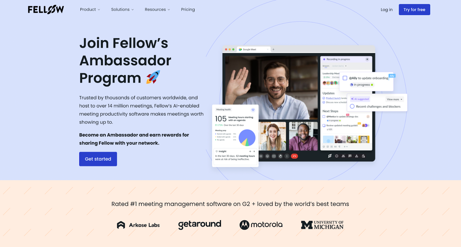 Fellow's partner landing page, with a one-line description of the product above a row of customer logos.
