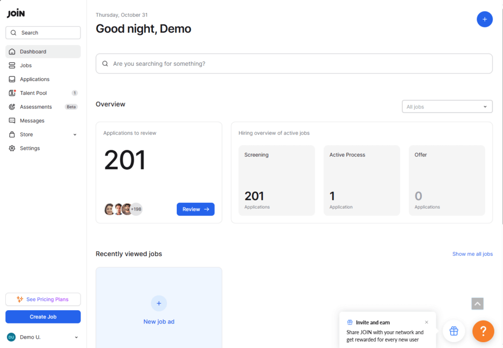 JOIN's recruiting dashboard with an "Invite and earn" referral prompt docked in the lower right corner