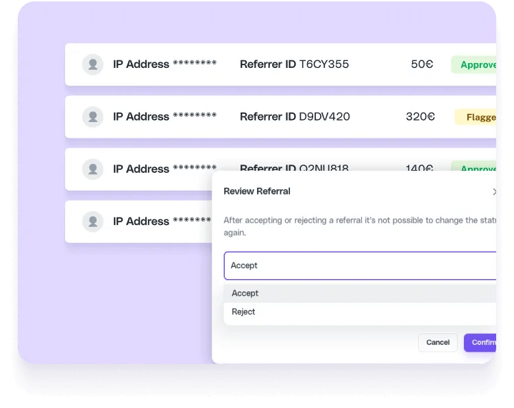 Referral review queue listing referrer IDs, masked IP addresses and payout amounts, with approved and flagged states and an accept or reject dialog