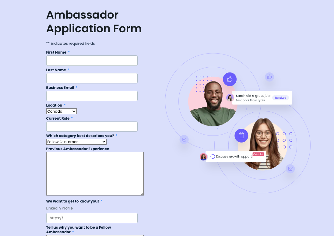 Fellow's affiliate application form, asking for audience details and links to existing channels.