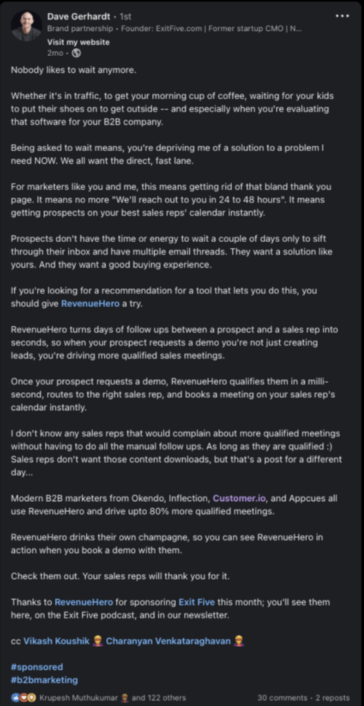 A sponsored LinkedIn post by Dave Gerhardt recommending RevenueHero, written in his own voice and tagged #sponsored.
