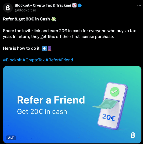 Blockpit launch post on X offering 20 EUR cash per referral and 15% off for the referred user, with a branded "Refer a Friend" graphic