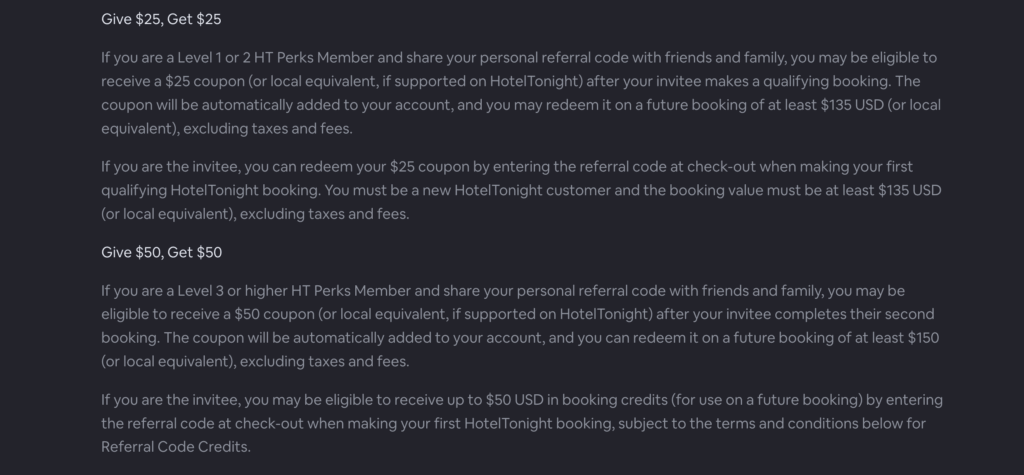 Hotel Tonight referral terms showing a give twenty five, get twenty five tier for standard members and a give fifty, get fifty tier for higher HT Perks levels